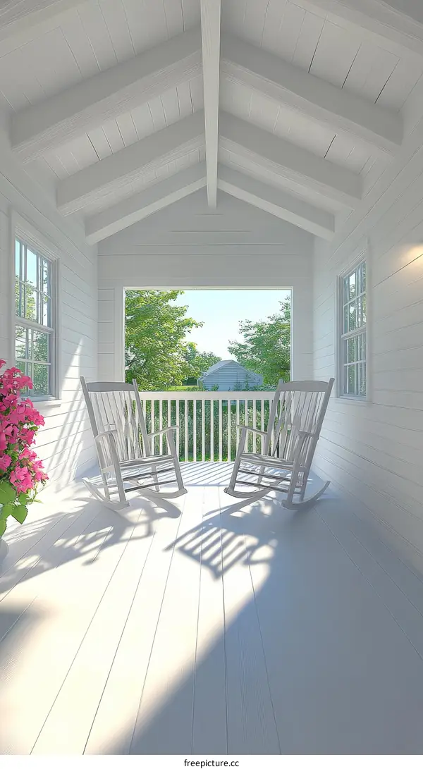 White Porch with Rocking Chairs and Sunlight