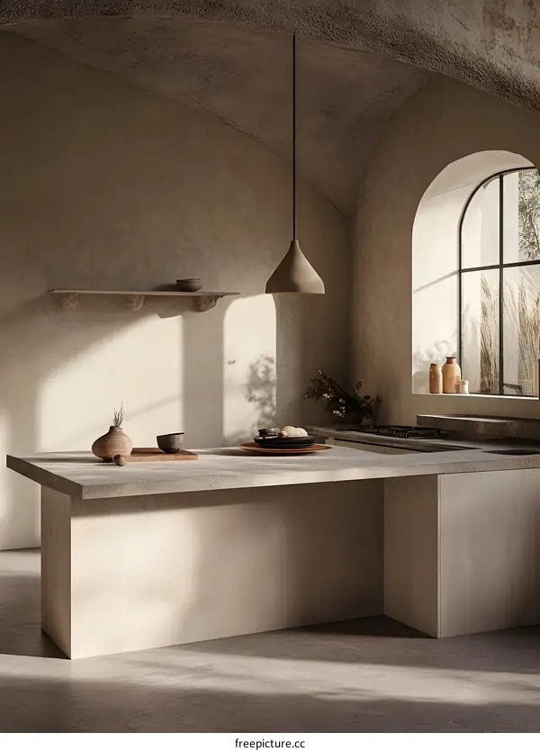 Minimalist Kitchen Design with Arched Window and Natural Light
