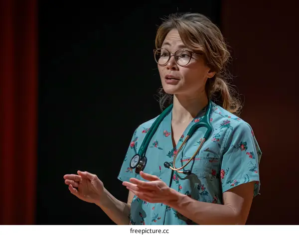 Asian female doctor in scrubs giving a presentation