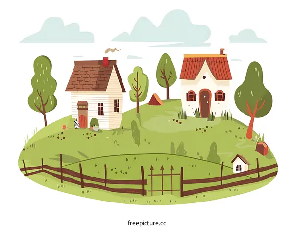 Cute Illustration Of Two Houses In A Green Field