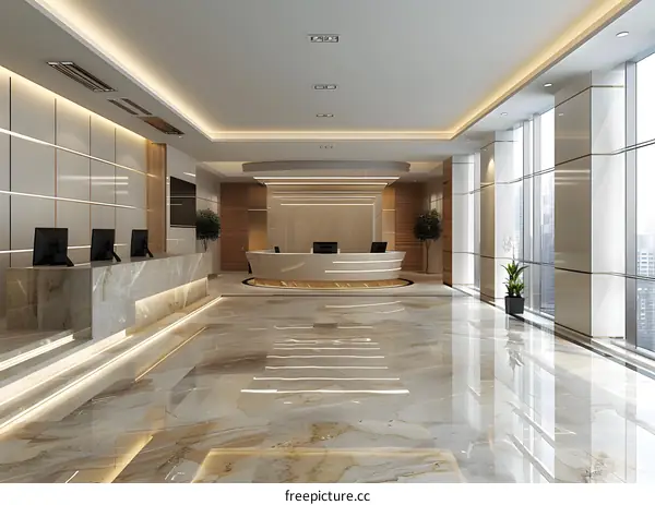 Modern office interior with marble floor and large windows