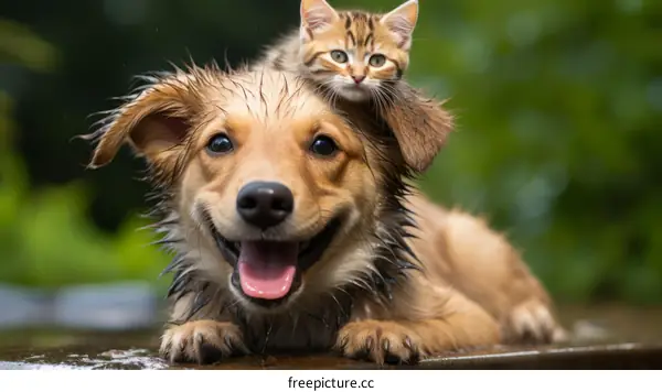 Wet Dog and Kitten Portrait