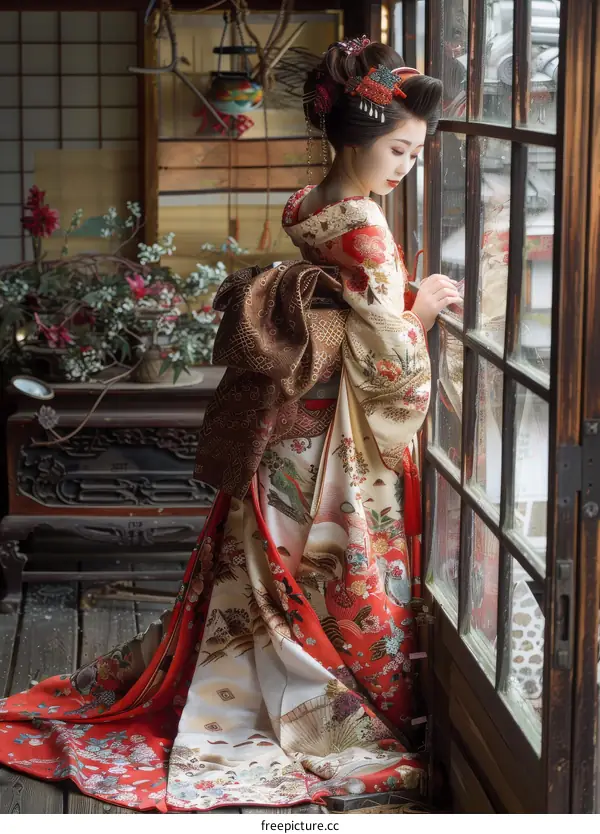 A Japanese woman wearing a kimono is standing by a window.