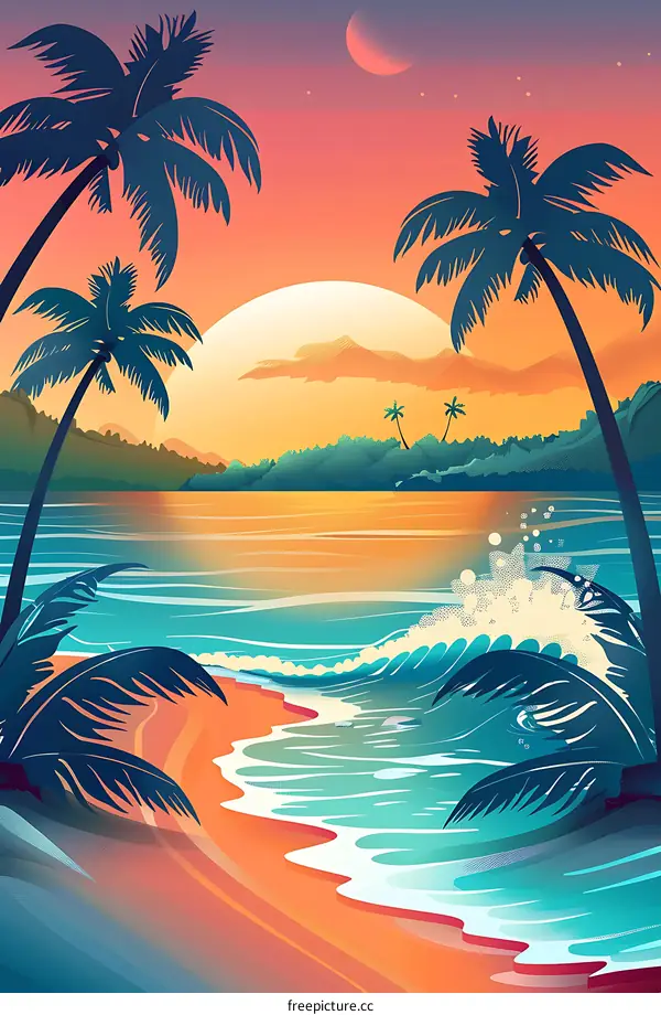 Tropical Sunset with Palm Trees and Ocean Waves