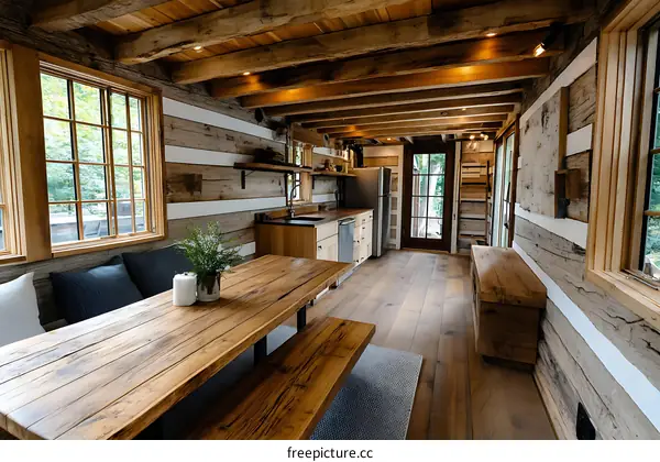 Rustic Cabin Dining Area with Exposed Beams