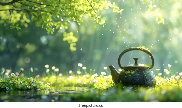An illustration of a teapot in a forest