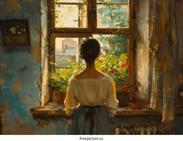 A woman standing in front of a window looking out at a garden