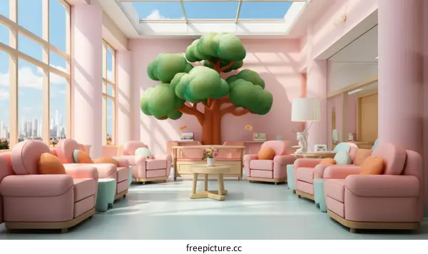 A Home Office with Pink and Green Decor and a Tree in the Middle