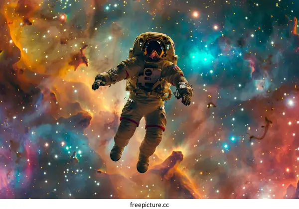 Astronaut in spacesuit floating in the vastness of space