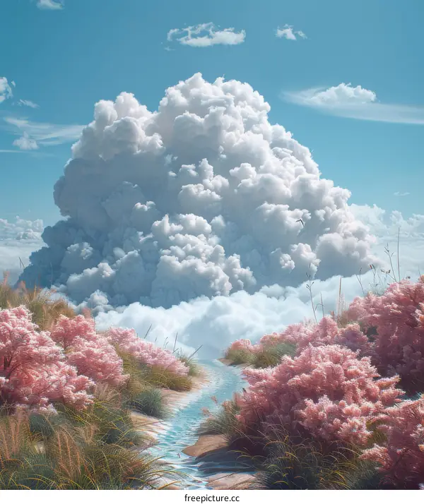 Surreal Landscape with Pink Bushes and Giant Cloud