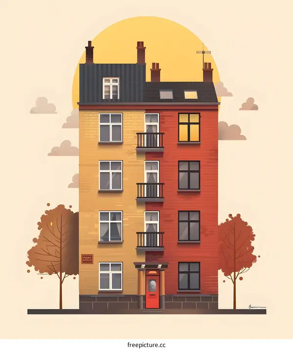 Yellow and Red Facade Building Illustration