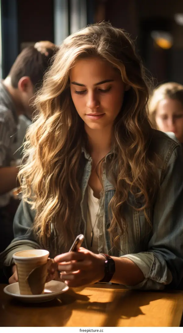 Young woman sitting at a table in a cafe looking at her phone