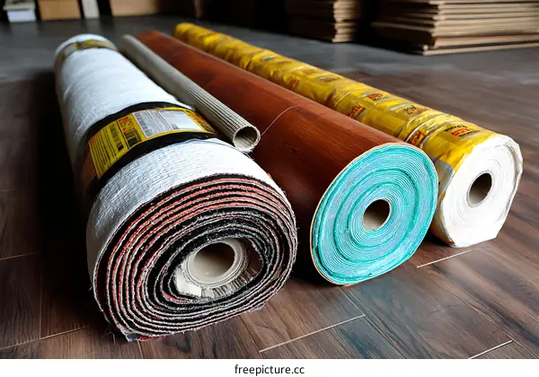 Rolled-up Flooring Materials on Wooden Floor
