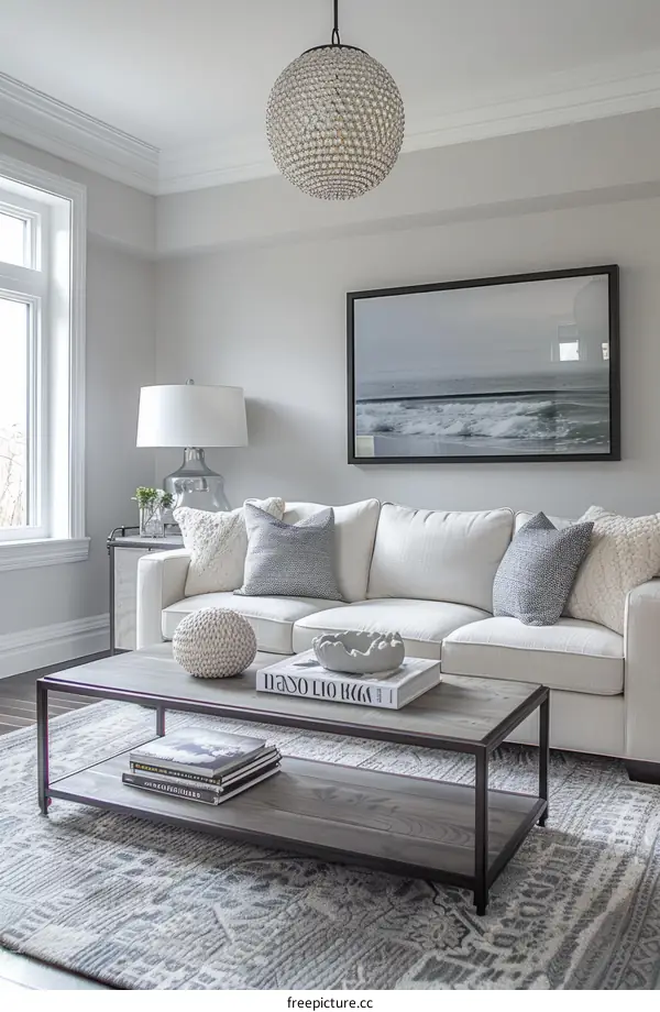 Airy Coastal Living Room With White Sofa and Gray Blue Accents