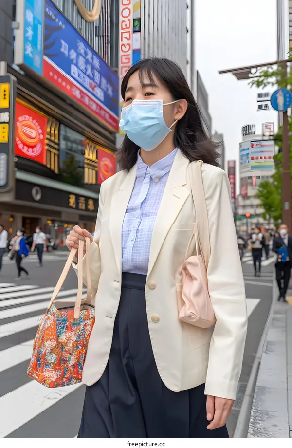Young Asian Woman Wearing a Face Mask Walking in Tokyo Street