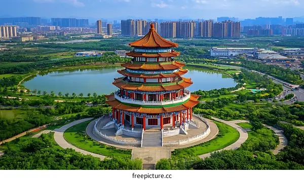 Panoramic View of Chinese Pagoda and Cityscape