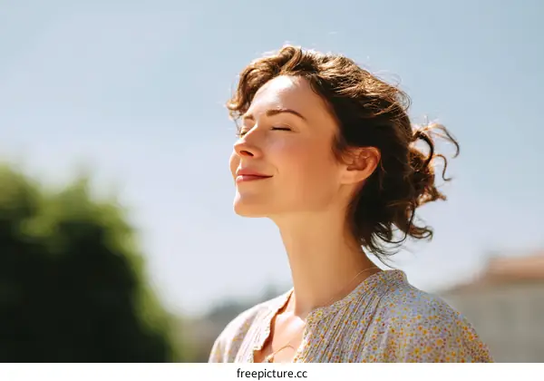 A Woman with Curly Hair Breathing Fresh Air Outdoors