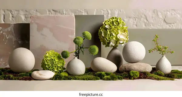 Stone Eggs with Green Flowers and Moss Arrangement