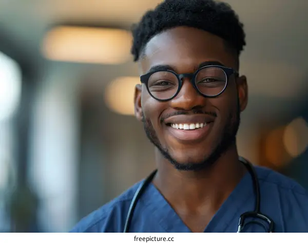 Portrait of a smiling young African American male doctor with stethoscope around his neck