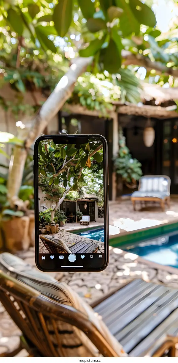 Phone Photography of a Beautiful Tropical Backyard Pool