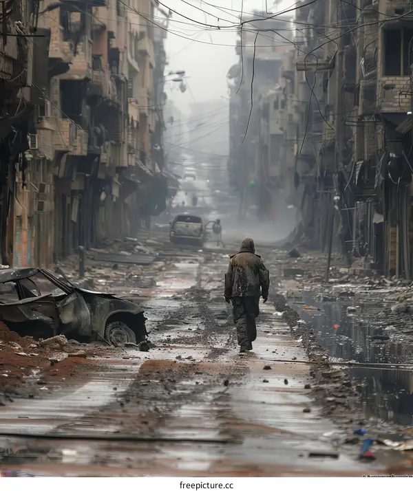 A lone figure walks through a destroyed city street.