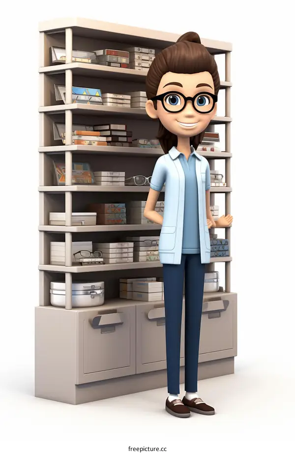 3d illustration of a female optician standing in front of a shelf full of glasses