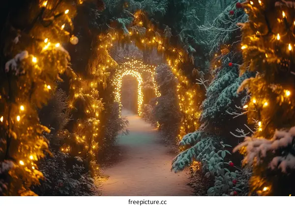 A beautiful snow covered forest path with a lit archway