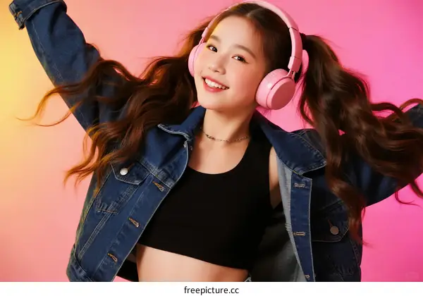 Young girl with long wavy hair wearing pink headphones