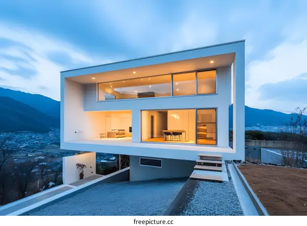 Modern White House with Large Windows and Mountain View