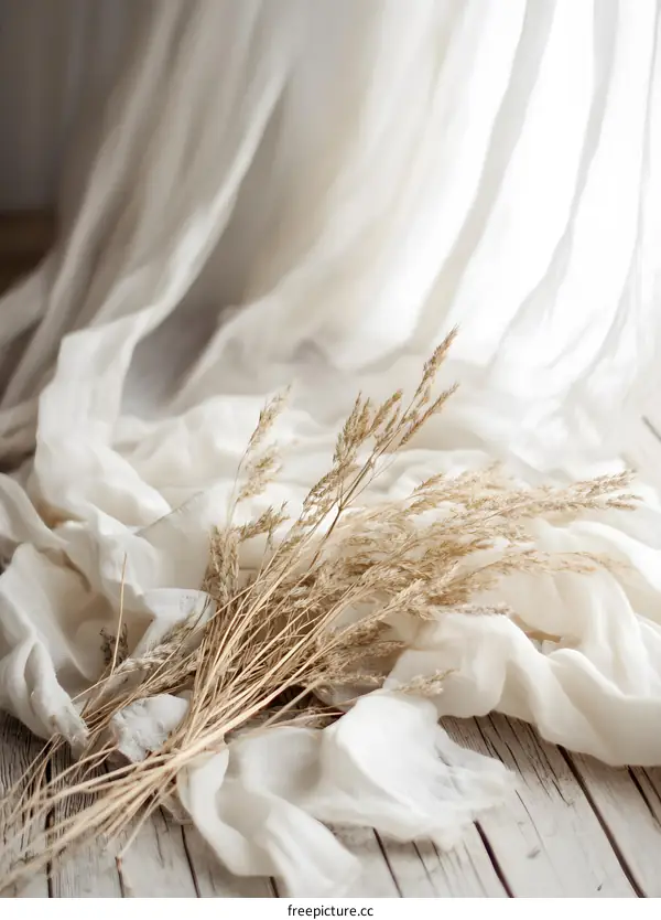 Dried Grass and White Fabric on Wooden Floor