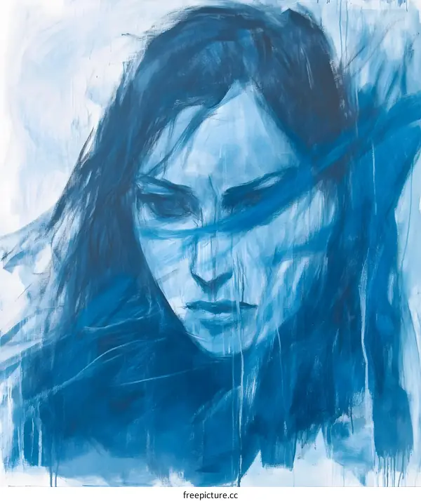 Abstract Blue Portrait of a Woman with Long Hair