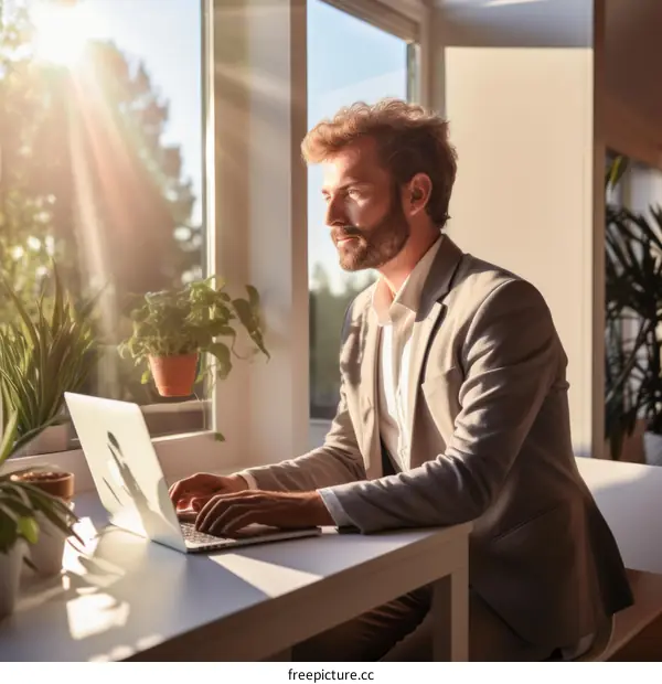 Businessman working on laptop in home office