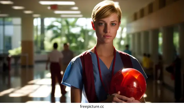 A young female physical therapist holding a red ball