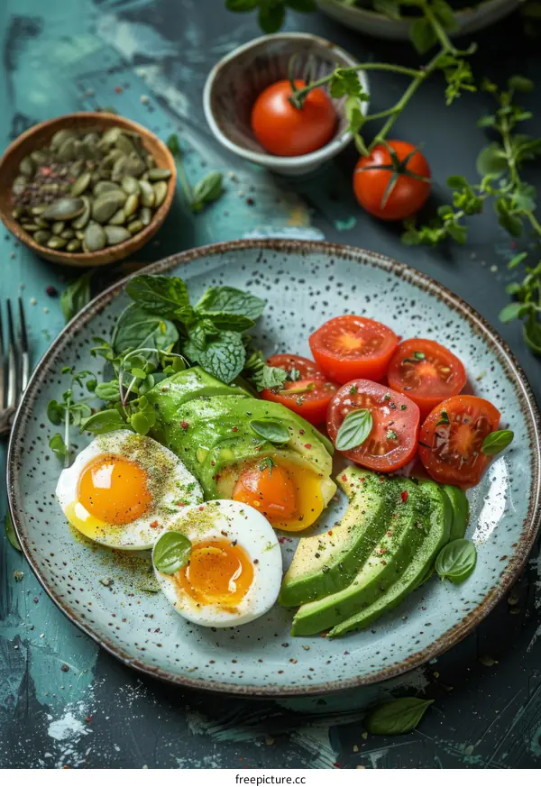 Healthy breakfast of avocado, boiled egg and tomatoes
