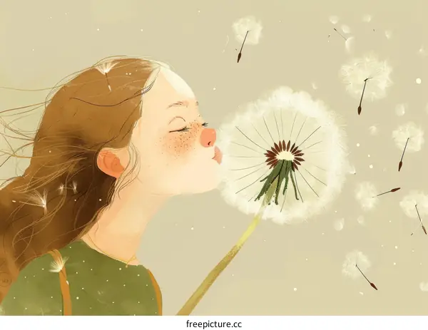 Caucasian Girl Blowing Seeds from a Dandelion Illustration