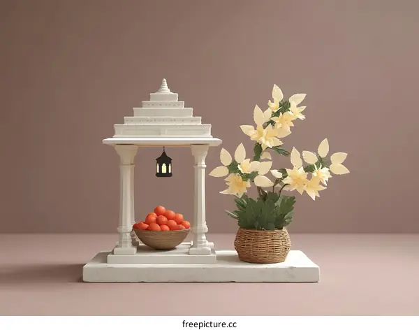 Miniature Temple with Fruits and Flowers