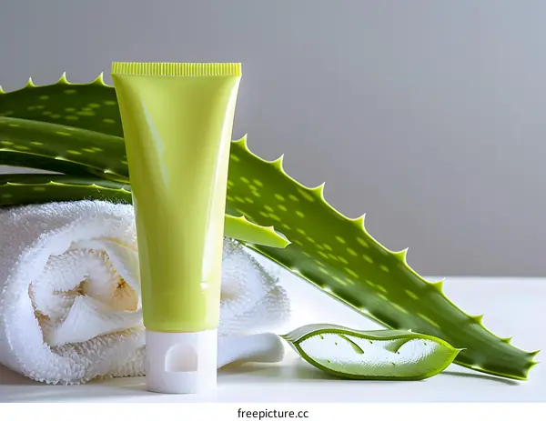 Aloe Vera Gel Cream With Towel and Aloe Vera Leaf