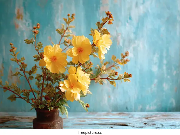 Yellow Flowers Arrangement on Teal Background