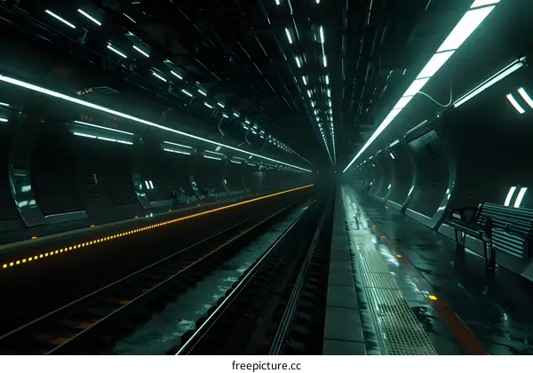 Futuristic Train Station Platform with Neon Lights and Tracks