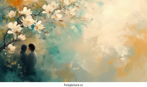 An illustration of a couple standing under a magnolia tree