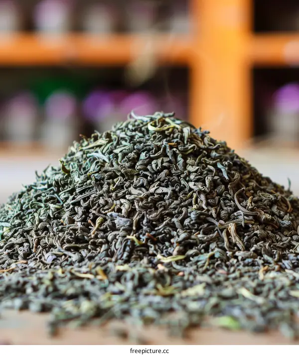 Green tea leaves close up