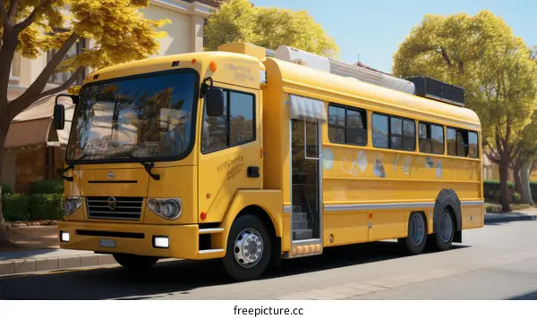 A yellow school bus drives down a suburban street