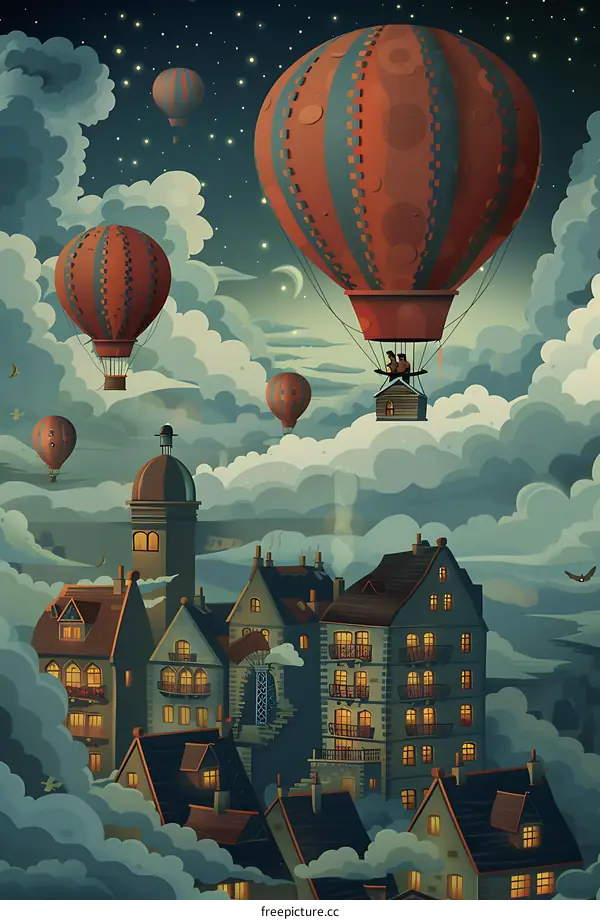 Night Sky Cityscape with Hot Air Balloons