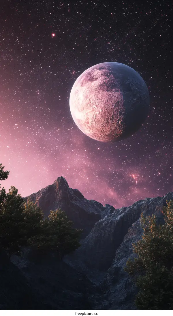 Celestial Mountain Landscape with a Pink Planet