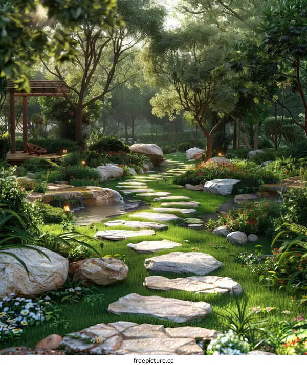 Serene Stone Path Through Lush Garden