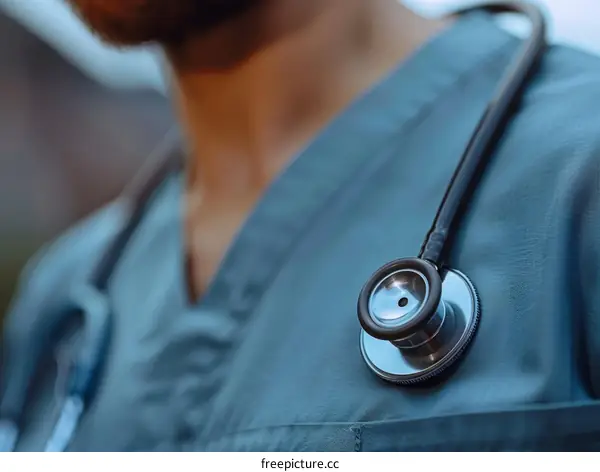 A doctor in blue uniform with stethoscope around neck