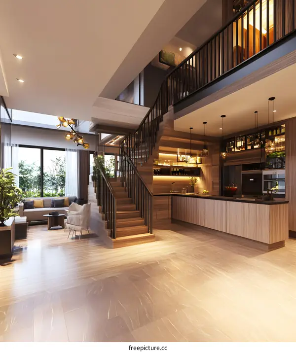 Modern House Interior Design with Wooden Staircase and Kitchen