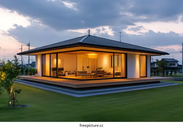 Modern Japanese House with Large Windows and Wooden Deck