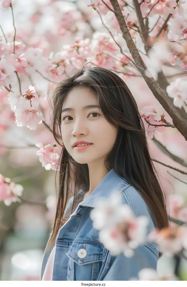 Beautiful Asian Woman in a Denim Jacket Surrounded by Cherry Blossoms