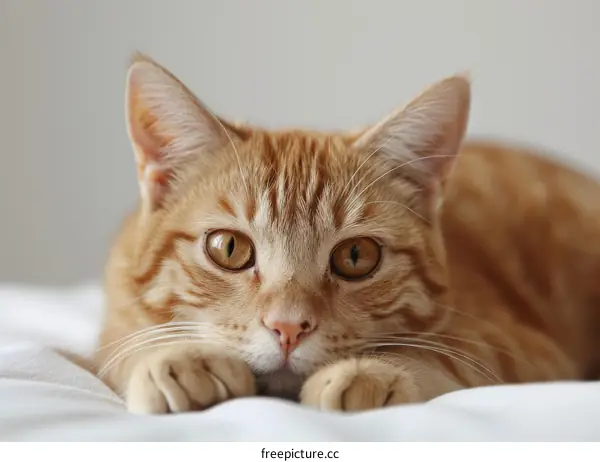 A ginger cat is lying on a white blanket